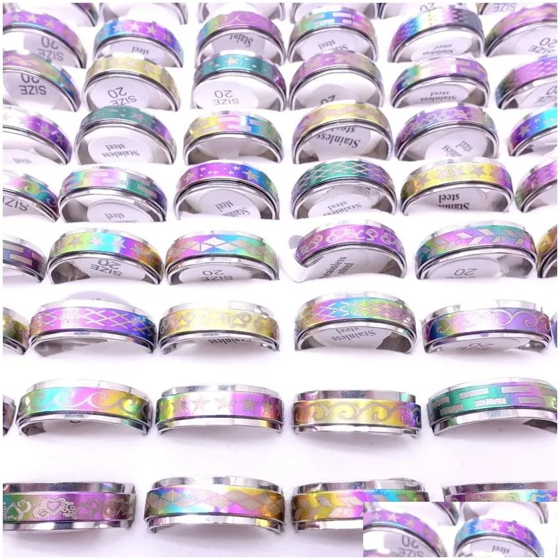 wholesae 100pcs/lot stainless steel spin band rings rotatable multicolor laser printed mix patterns fashion jewelry spinner party gift