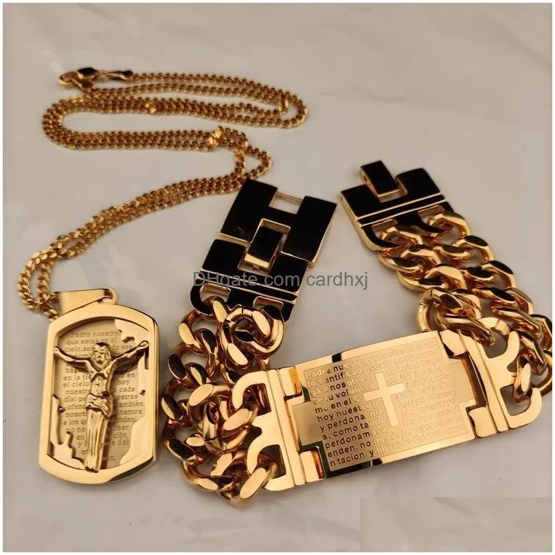 Pendant Necklaces Pendant Necklaces Men Hip Hop Cross Jesus With Stainless Steel Bracelet Never Fade Male Vintage Hiphop Necklace Fash Dhccl