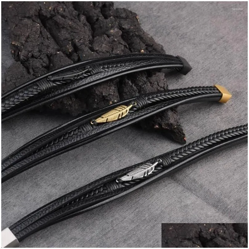 charm bracelets high quality genuine leather bracelet for men feather stainless steel magnet clasp classic charms male jewelry gift