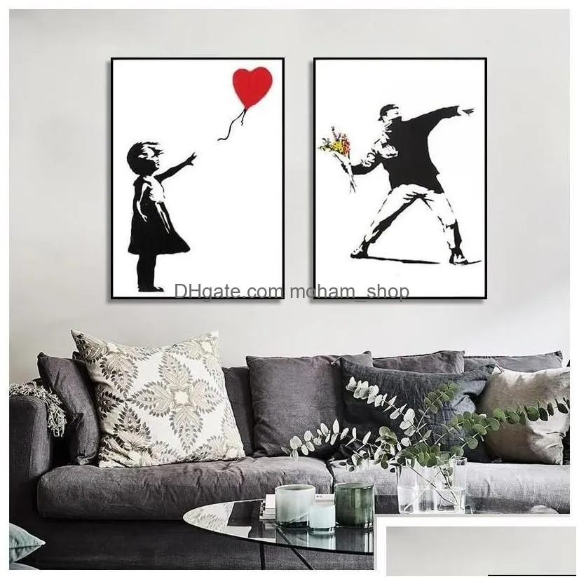 paintings girl with red balloon banksy graffiti art canvas painting black and white wall poster for living room home decor cuadros d