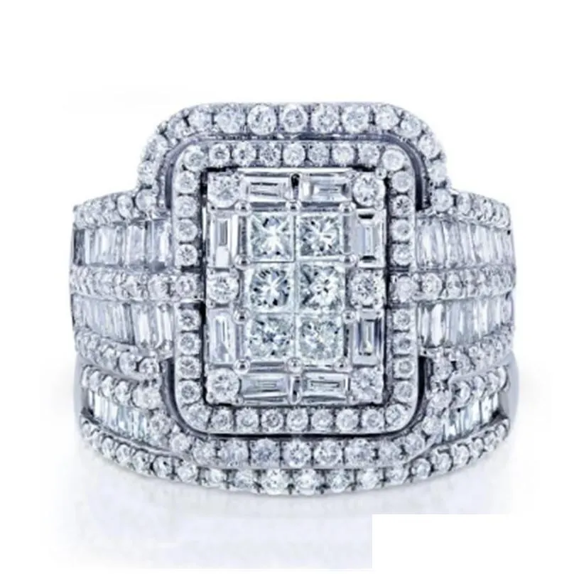 Wedding Rings Wedding Rings Charm Female White Crystal Stone Ring Set Luxury For Women Vintage Bridal Square Engagement Wholesale Drop Dhfnj