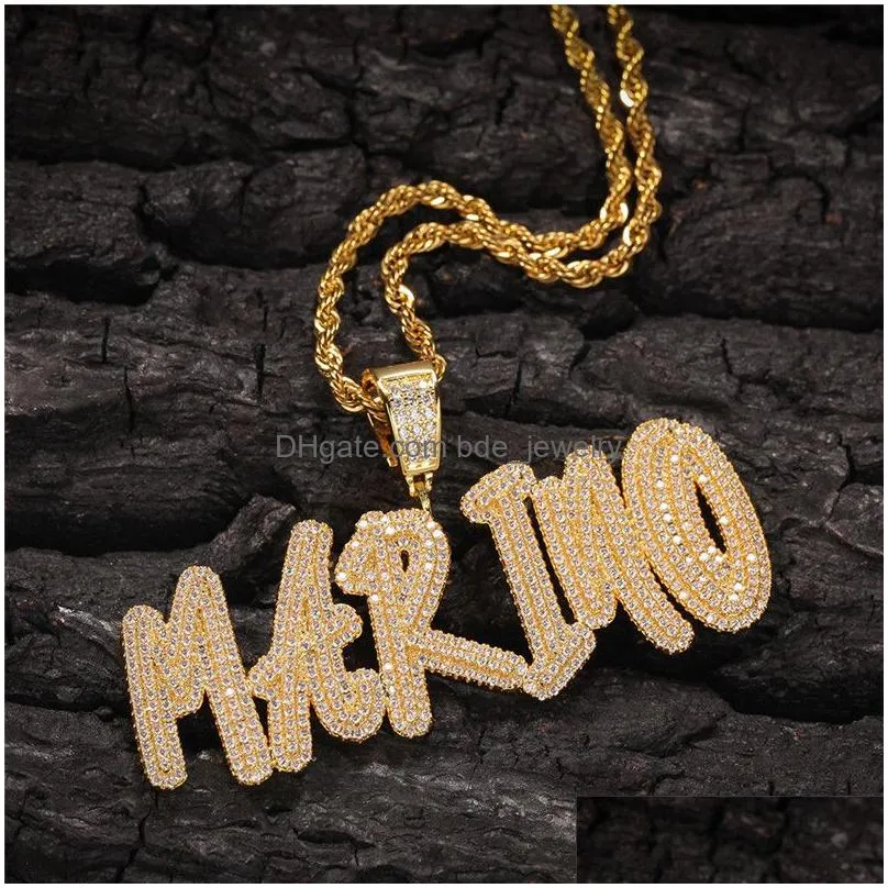trendy diy custome name letter necklace gold plated bling iced out cz letter pendant necklace with rope chain for men wom209a