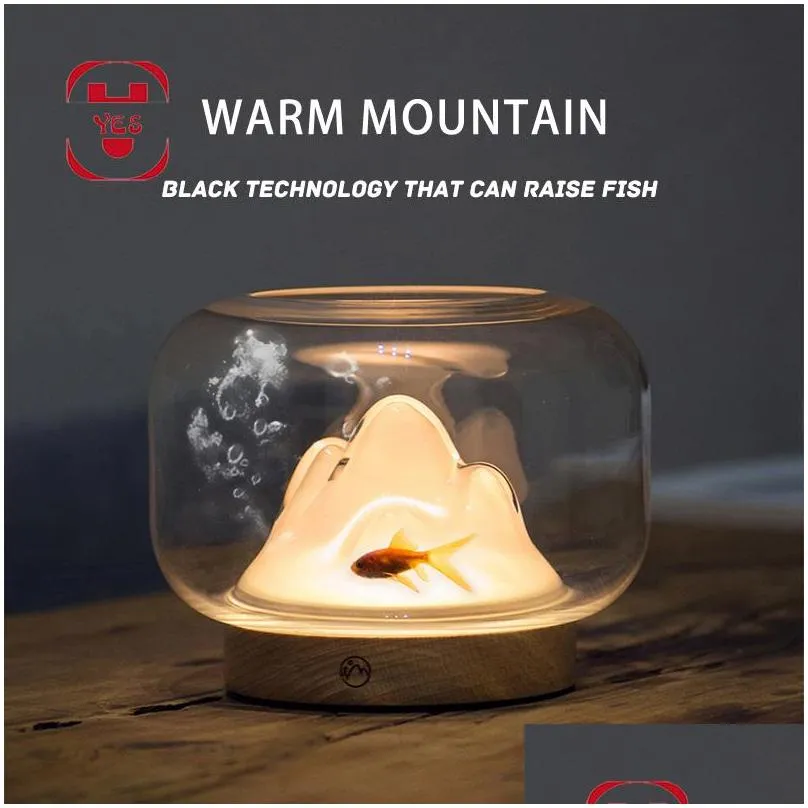 Night Lights Warm Mountain Night Light Bedside Desktop Table Lamp Black Technology Luminous Fish Tank Flower Decoration Jewelry Unique Dhsvq