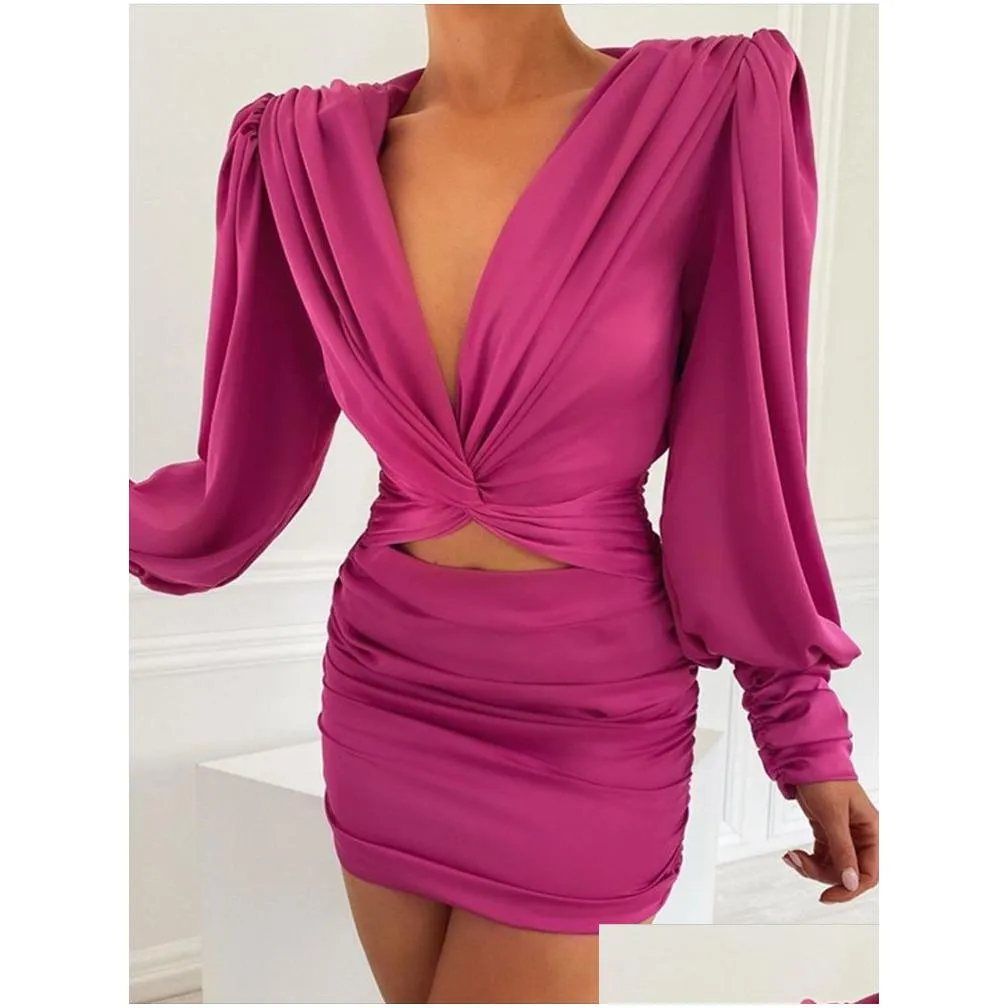 Basic & Casual Dresses Y Deep V Neck Body Dress Party Club Cutout Mini Elegant Winter Autumn Chic Balloon Sleeves Drop Delivery Appare Dh0Ws