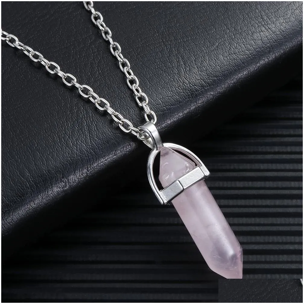 natural stone pillar pendulum pendant reiki healing crystal necklace hexagonal bullet amethyst pink quartz chakras pendulo jewelry