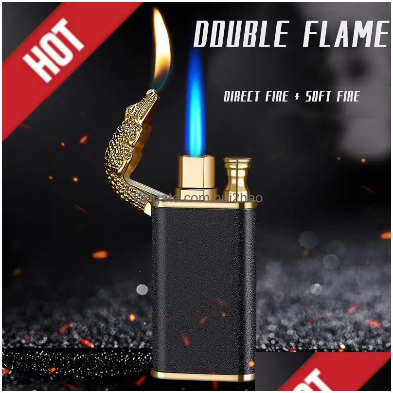 novel torch colorful lighters  blue flame metal clogodile lighter windproof double fire dragon lighter man lady smoking gift