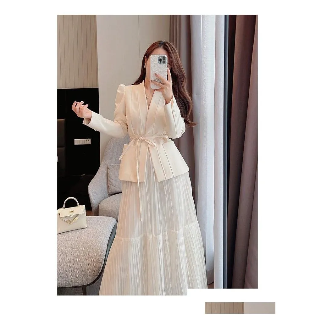 Two Piece Dress Two Piece Dress Runway Autumn New Skirt Suit Women Elegant Korean Lace-Up Fashion Blazer Add Long Mesh Casual Evening Dh25N