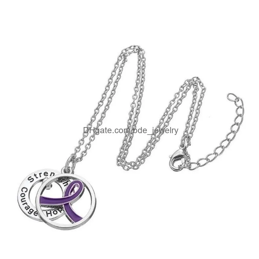 gx055 cancer awareness purper ribbon silver plated strength hope courage love letters hollow round pendant necklace for gift2689