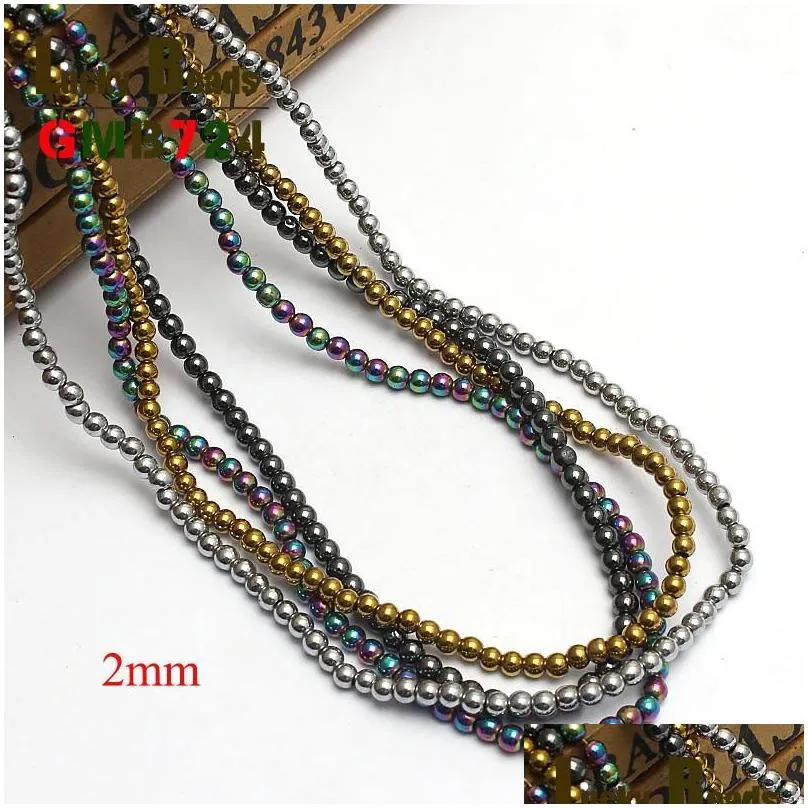 Other Other 2Mm Natural Stone Beads Black/Mticolor/Gold/Sier Plated Hematite For Jewelry Making Diy Bracelet 15Inches Strands Kenn22 D Dhwux