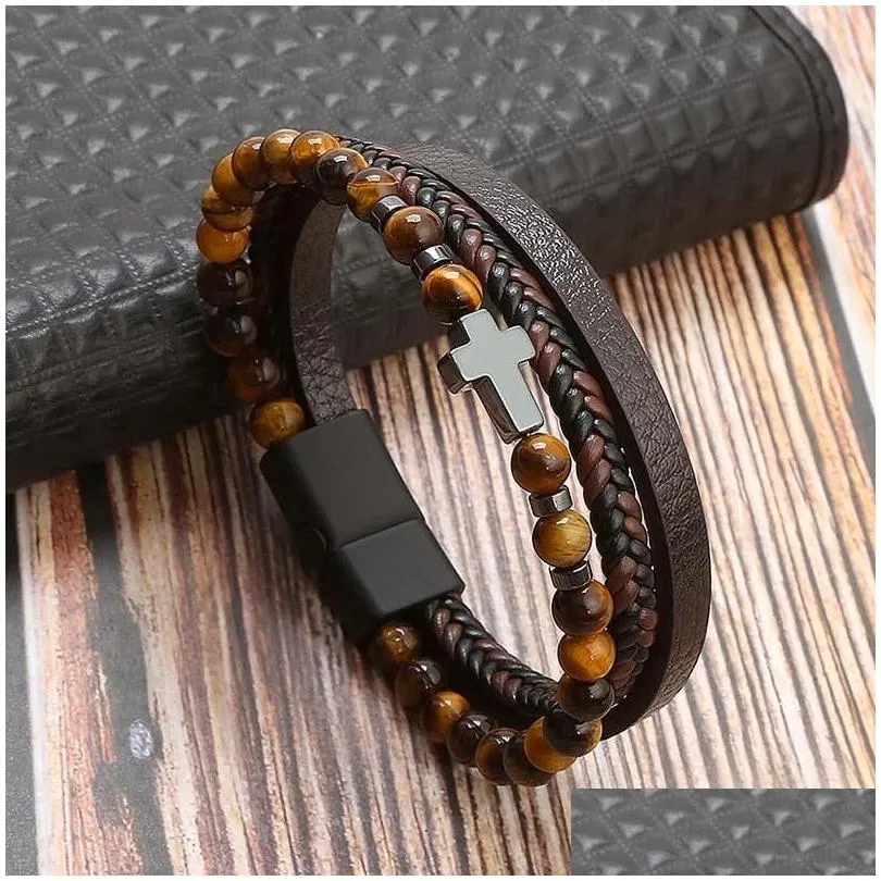 leather bracelet men classic fashion tiger eye beaded multi layer leather bracelet for men jewelry