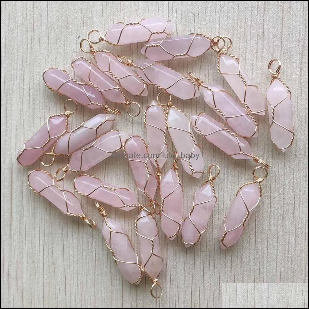 gold wire wrapped rose quartz hexagon pendulum charms pendant healing pink crystal stone hangings fashion jewelry making wholesale