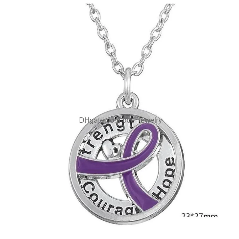 gx055 cancer awareness purper ribbon silver plated strength hope courage love letters hollow round pendant necklace for gift2689