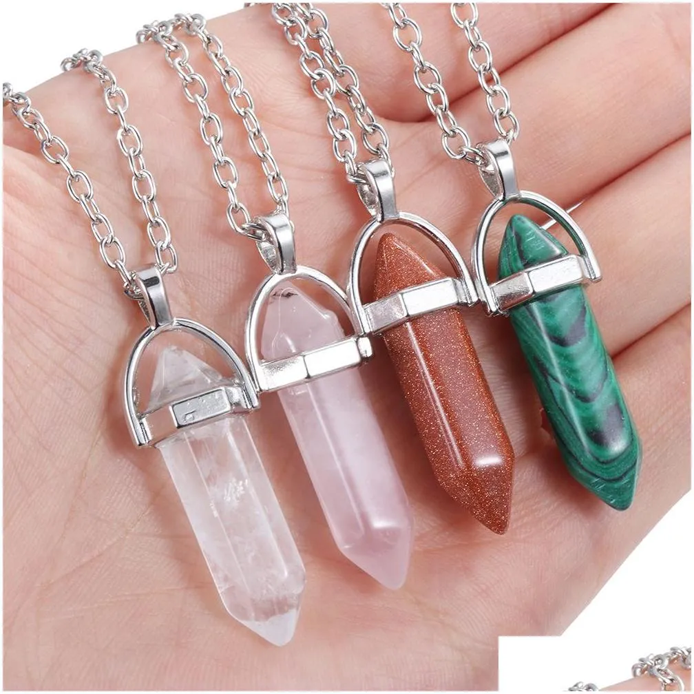 Pendant Necklaces Natural Stone Pillar Pendum Pendant Reiki Healing Crystal Necklace Hexagonal Amethyst Pink Quartz Chakras Pendo Jewe Dhmyv