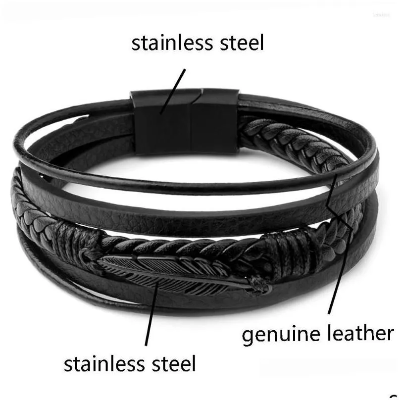 charm bracelets high quality genuine leather bracelet for men feather stainless steel magnet clasp classic charms male jewelry gift