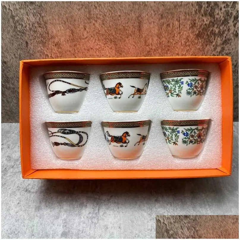Cups Saucers 6 Pcs Set Top Grade Ceramic Espresso Coffee Cup Tea Milk Drinking With Handle Mug For Office Novelty Gift Original Box