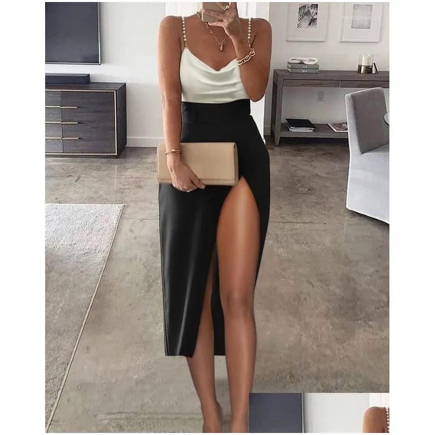 elegant wedding guest dresses for women daily beaded strap cowl neck high slit sleeveless lady casual cami dress