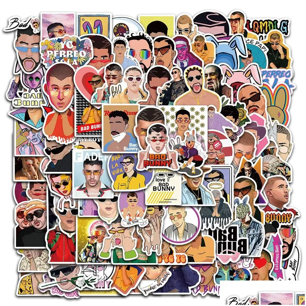 Waterproof sticker 50/100PCS Puerto Rican Singer Bad Bunny Stickers for Stationery Laptop Skateboard Car Motorcycle Funny Cool Graffiti Vinyl Decal Car