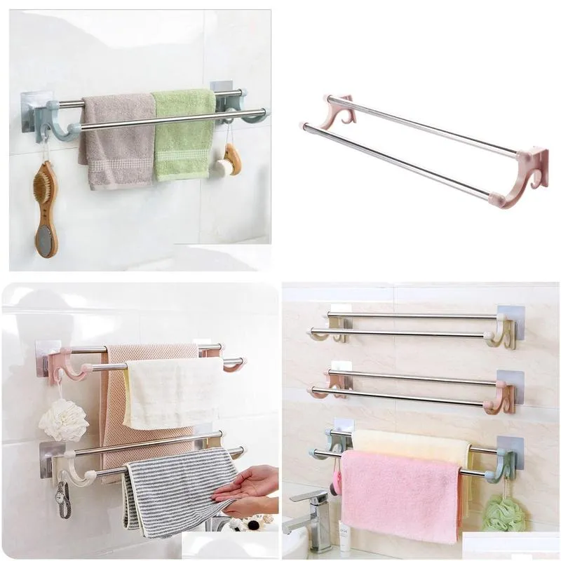 Towel Racks Stainless Steel Double-Layer Bathroom Towel Storage Rack Rod Hanging Accessories Wholesale Suction Drop Delivery Home Gard Otmwr