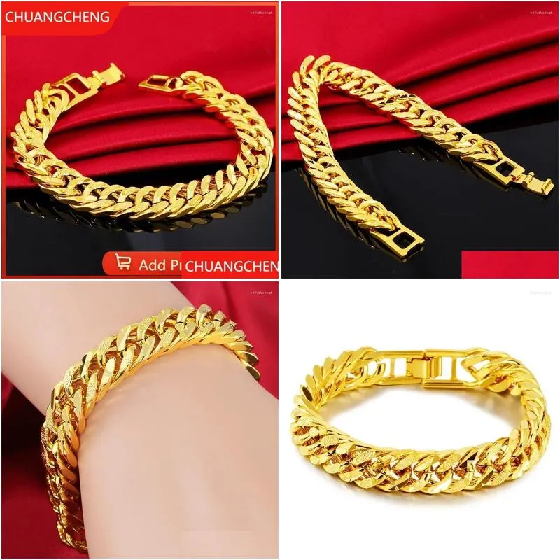 Charm Bracelets Charm Bracelets Chuangcheng 24K Gold 12Mm Width 20Cm Chain For Men Women Bangles Wristband African Jewelry Drop Delive Dhi2L
