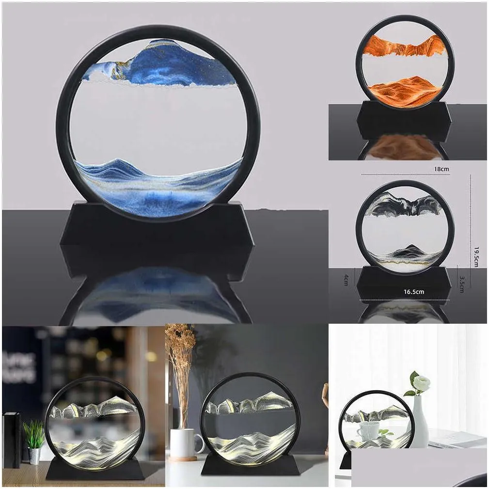 Wall Stickers 3D Quicksand Decor Painting Round Glass Moving Sand Picture Art In Motion Display Flowing Frame Desktop Livingroom Drop Dhp4F