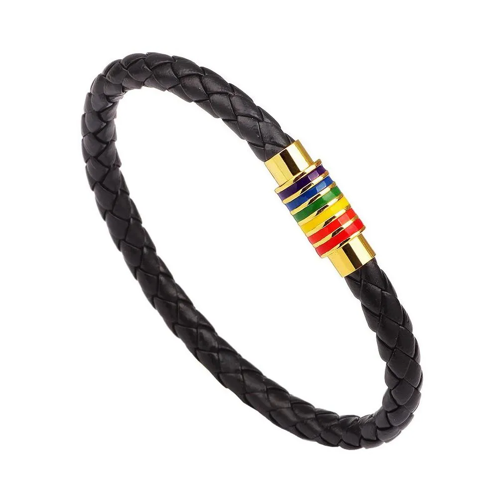 magnetic bracelet bangle stainless steel bracelet women men gift gay pride rainbow magnetic black brown genuine braided leather