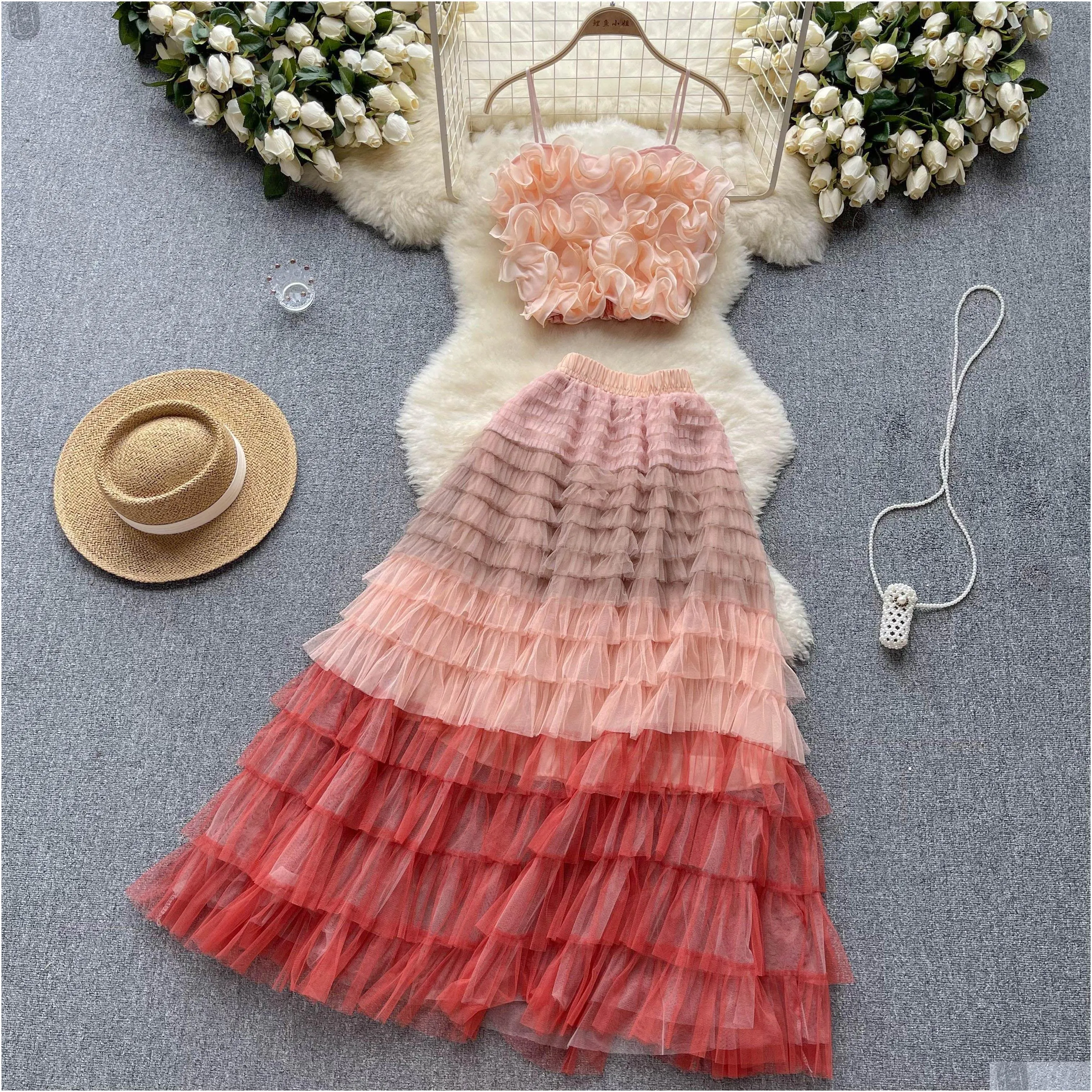 Two Piece Dress Women Summer Two Piece Dress Floral Sets Y 2024 Womens Suit Printed Beach Outfits For Woman 2 Pieces Crop Top High Wai Dhs8F