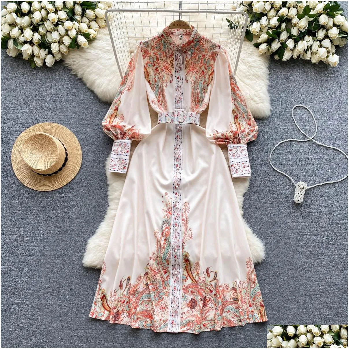 Basic & Casual Dresses Casual Dresses French Retro Court New Fashion Printed Single Breasted Long Sleeved Maxi Dress Women Spring Autu Dhb5T