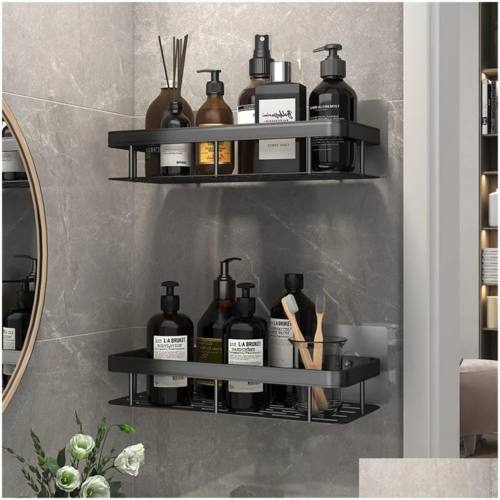 Bathroom Storage & Organization No-Drill Bathroom Shees Wall Mount Shampoo Storage Rack Corner Shelf For Kitchen Holder Square Aluminu Dhl4Q