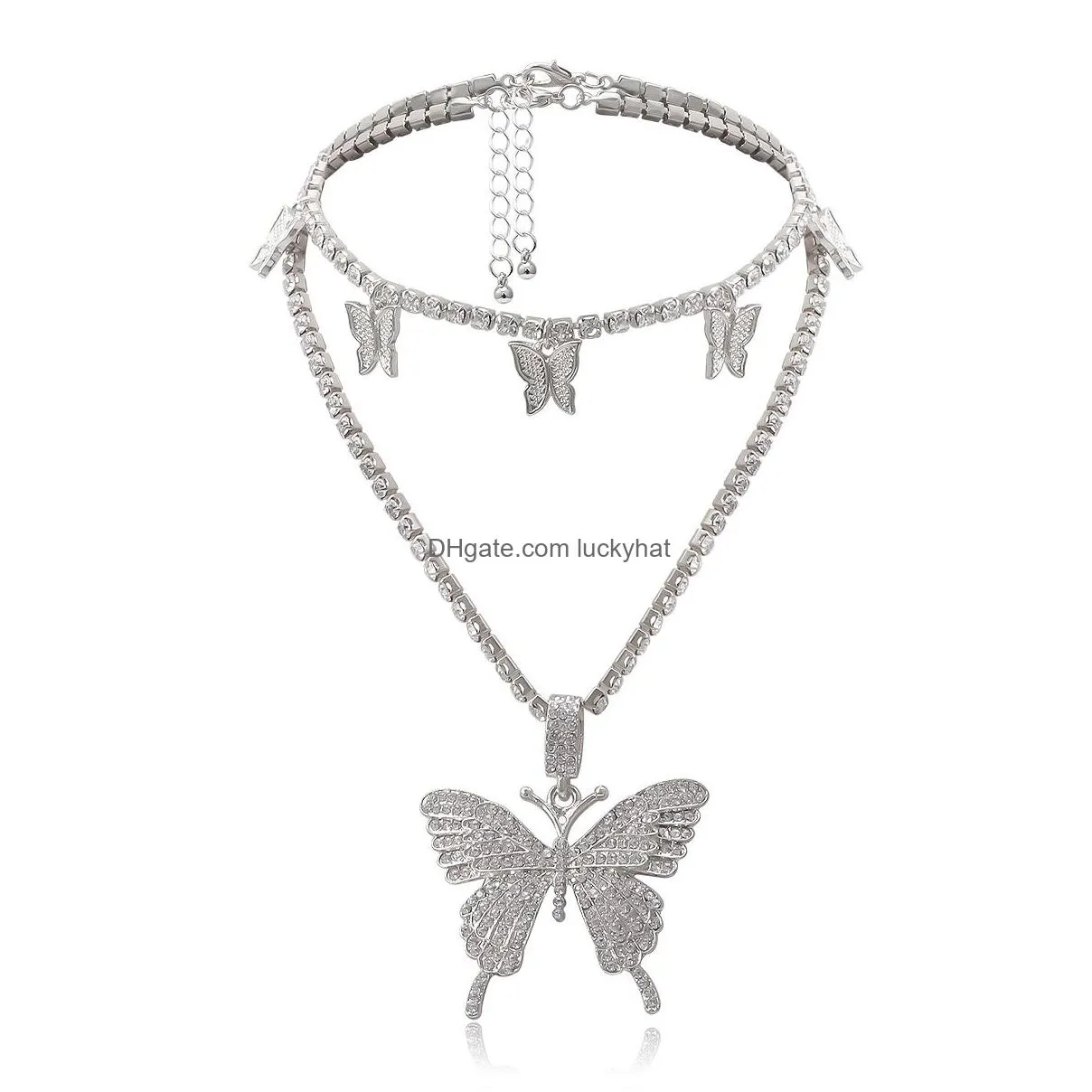 Pendant Necklaces Retro Style Mti-Layer With Fl Rhinestone Butterfly- Shaped Pendant Charms Statement Necklace Choker Fashion Jewelry Dhvaf