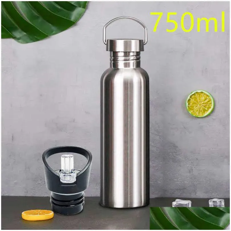 stainless steel sports water bottle with drinking straw lids cap vacuum flask single wall cold water bottle 500/750/1000ml