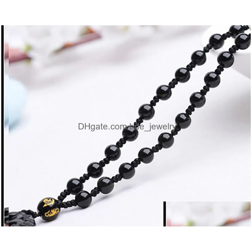 natural obsidian pendant with beads chain dragon guan gong guan yu hold broadsword knight pendant necklace for men women jewelry 22922