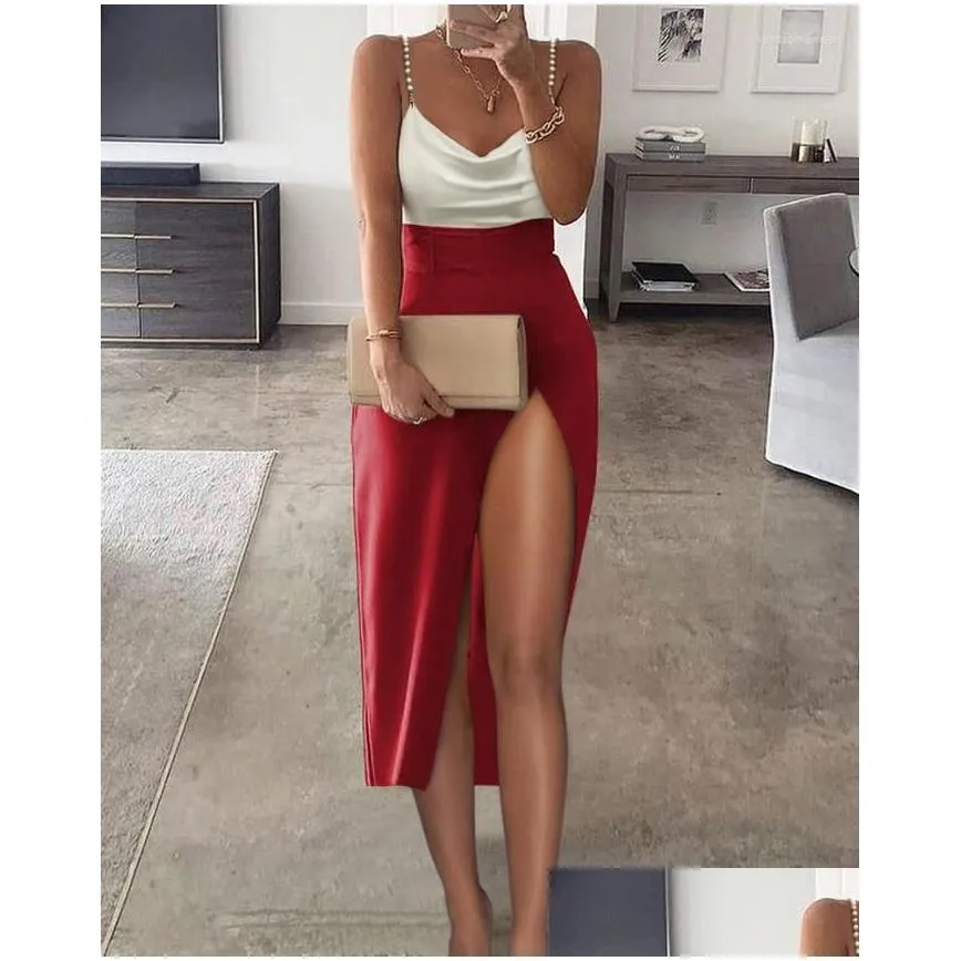 elegant wedding guest dresses for women daily beaded strap cowl neck high slit sleeveless lady casual cami dress