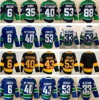 Ice Hockey 53 Bo Horvat Jersey 6 Brock Boeser 40 Elias Pettersson 43 Quinn Hughes 35 Thatcher Demko Reverse Retro Team Blue White Alternate````shirt