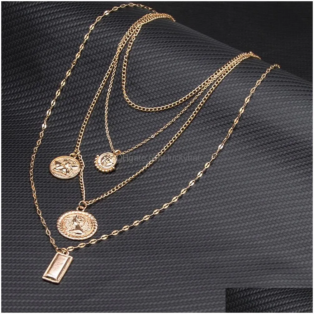 Pendant Necklaces Fashion Mtilayers Gold Chain Figure Coin Pendant Necklaces Bohemian Jewelry For Women Party Gift Drop Delivery Jewel Dh6Zo