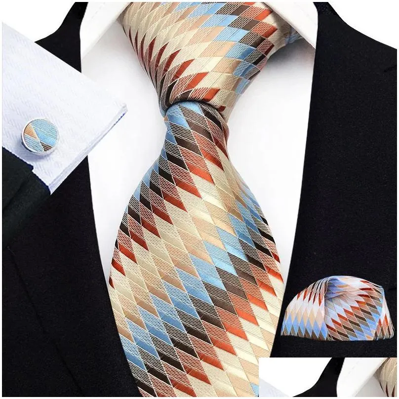 Neck Ties Neck Ties Blue Gold Floral Tie For Men Luxury 8Cm Wide Silk Wed Business Pocket Square Cufflinks Set Accessories Gravata 231 Dhot3