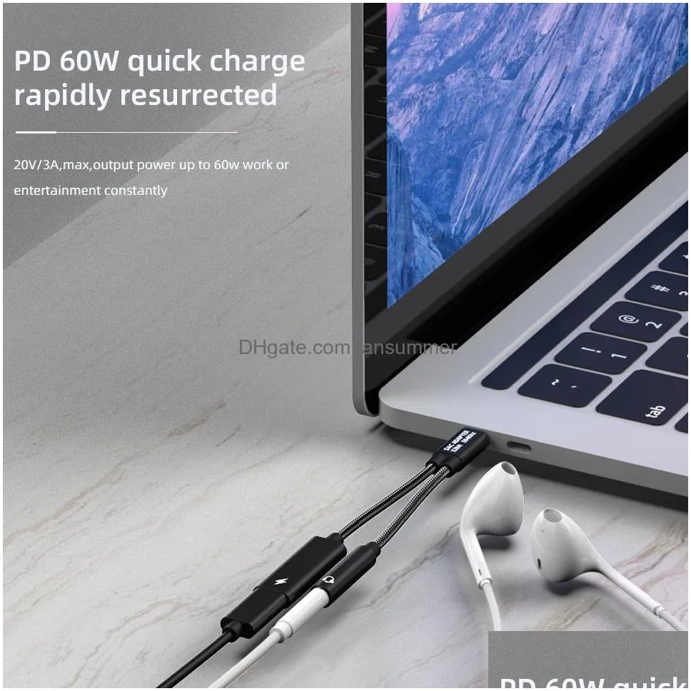 Cell Phone Adapters 2 In 1 Usb C To 3.5Mm Headphone Jack Adapter Type Charge O Aux Adaptor Drop Delivery Cell Phones Accessories Cell Dh7Ql