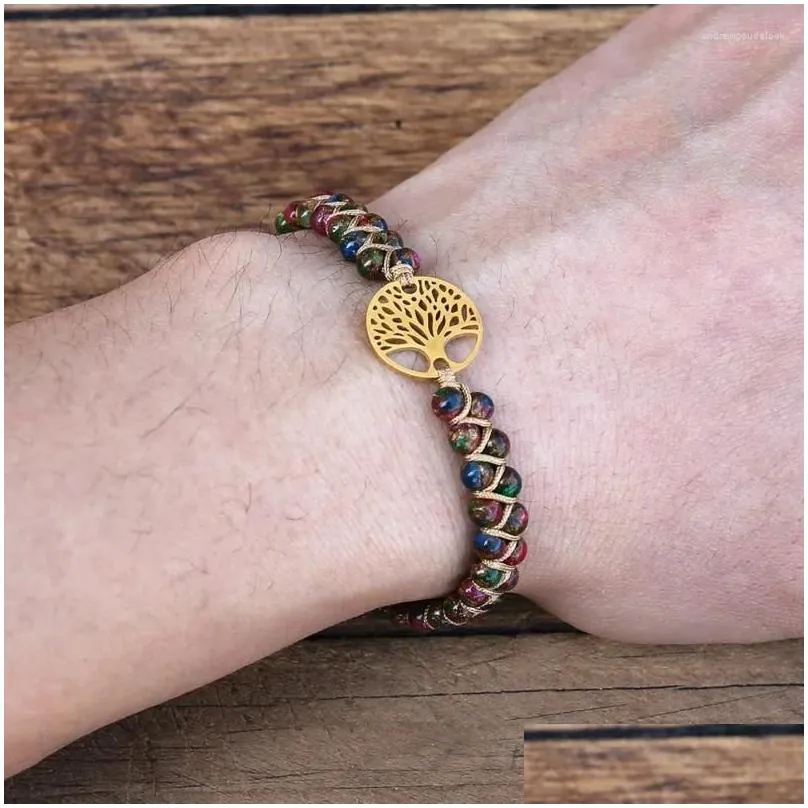 Charm Bracelets Handmade Natural African Stone Beaded Boho Yoga Wrap Bracelet & Bangle Stainless Steel Tree Of Life Braided