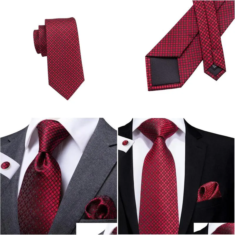 Neck Ties Neck Ties Hitie Designer Red Bury Plaid Silk Wedding Tie For Men Handky Cufflink Gift Mens Necktie Fashion Business Party Dr Dhhfh