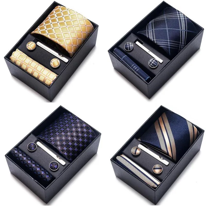 Neck Ties Neck Ties 100% Silk Brand Tie Handkerchief Cufflink Set For Men Necktie Holiday Gift Box Blue Gold Suit Accessories Slim Wed Dh8Yl