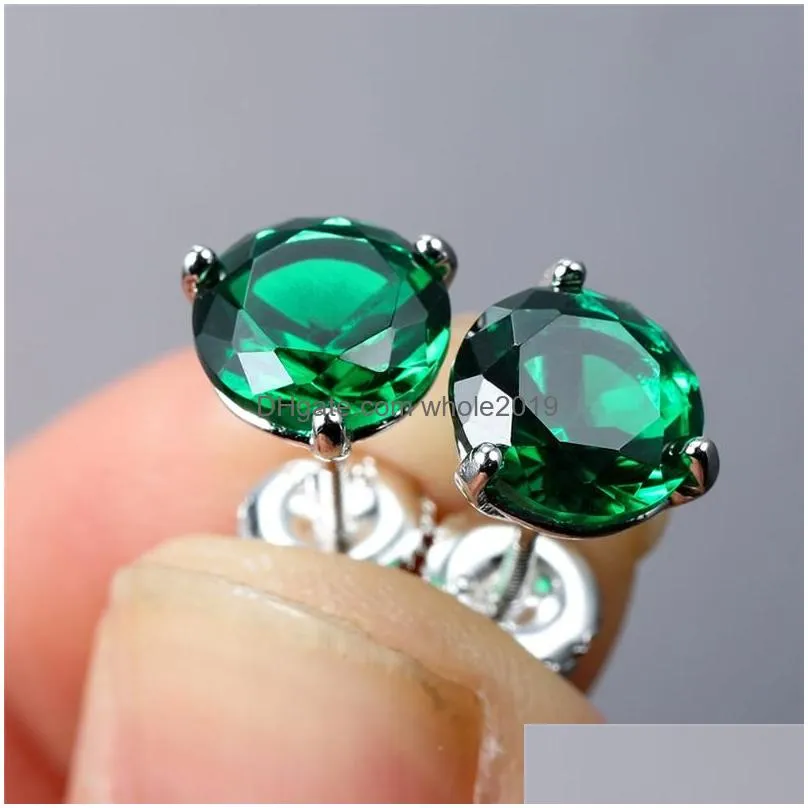 Stud Stud Classic Round Emerald Screw Back Earrings 925 Sterling Sier Green Crystal Zircon For Women Jewelry Wedding Gifts3021 Drop De Dhubj