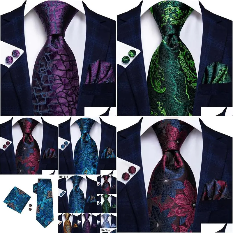 Neck Ties Neck Ties Hitie Peacock Blue Novelty Design Silk Wedding Tie For Men Hanky Cufflinks Gift Mens Necktie Set Business Party Dr Dhaub