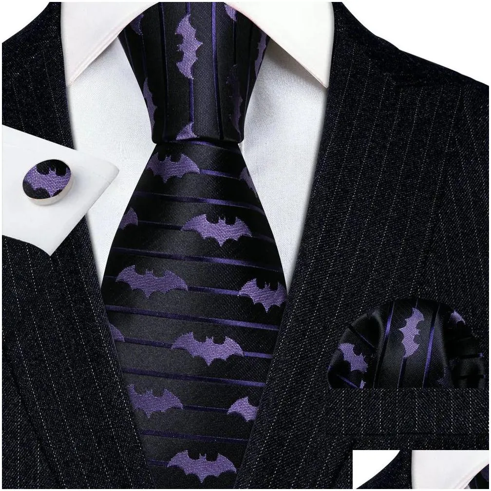 Neck Ties Neck Ties Novelty Silke Men Fashion Purple Bat Design Woven Ncektie Handkerchief Cufflinks Set Wedding Party Gifts Barrywang Dhf9R