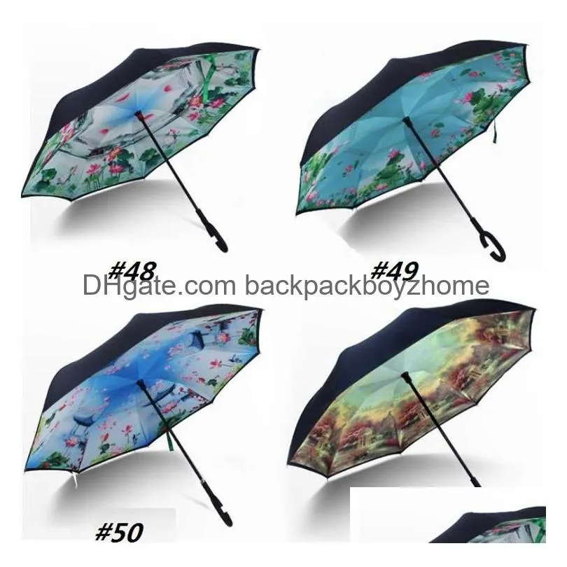 Umbrellas Folding Reverse Windproofs Umbrella 62 Styles Double Layer Inverted Long Handles Windproof Rain Car Umbrellas C Handle Umbre Dhhzn