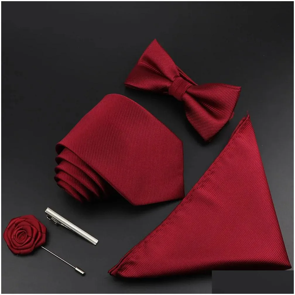 Neck Ties Neck Ties Solid Color Silk Men Tie Set Polyester Jacquard Woven Necktie Bowtie Suit Vintage Red Blue For Groom Business Wedd Dhpr1