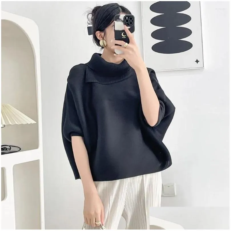 Women`S T-Shirt Womens T Shirts Miyake Pleated Chic Scarf Collar Plover T-Shirt For Women Autumn Elegant Solid Color Batwing Sleeves L Otqvz