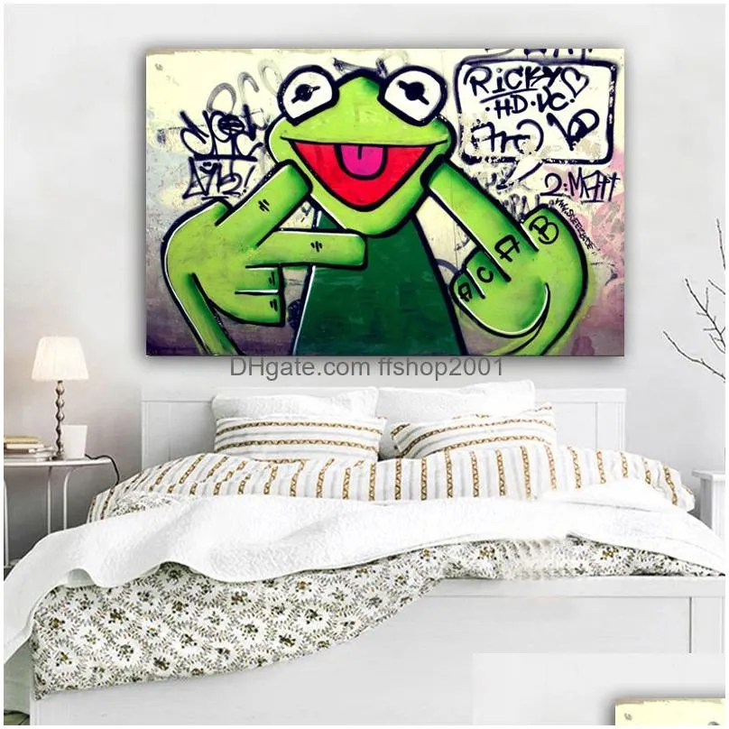 canvas painting street graffiti art frog kermit finger poster print animal oil painting wall pictures for living room unframed5060105