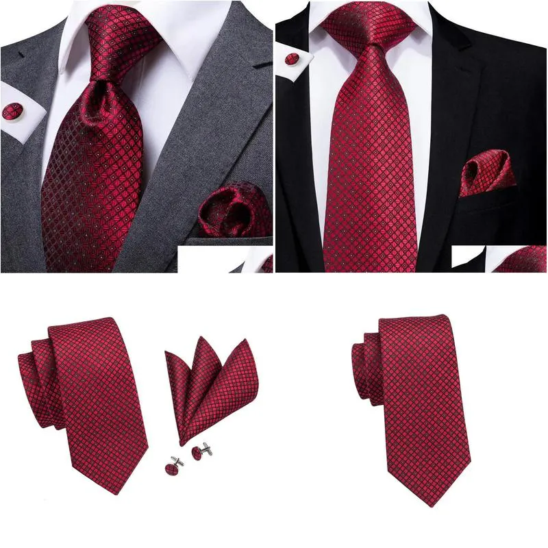 Neck Ties Neck Ties Hitie Designer Red Bury Plaid Silk Wedding Tie For Men Handky Cufflink Gift Mens Necktie Fashion Business Party Dr Dhhfh