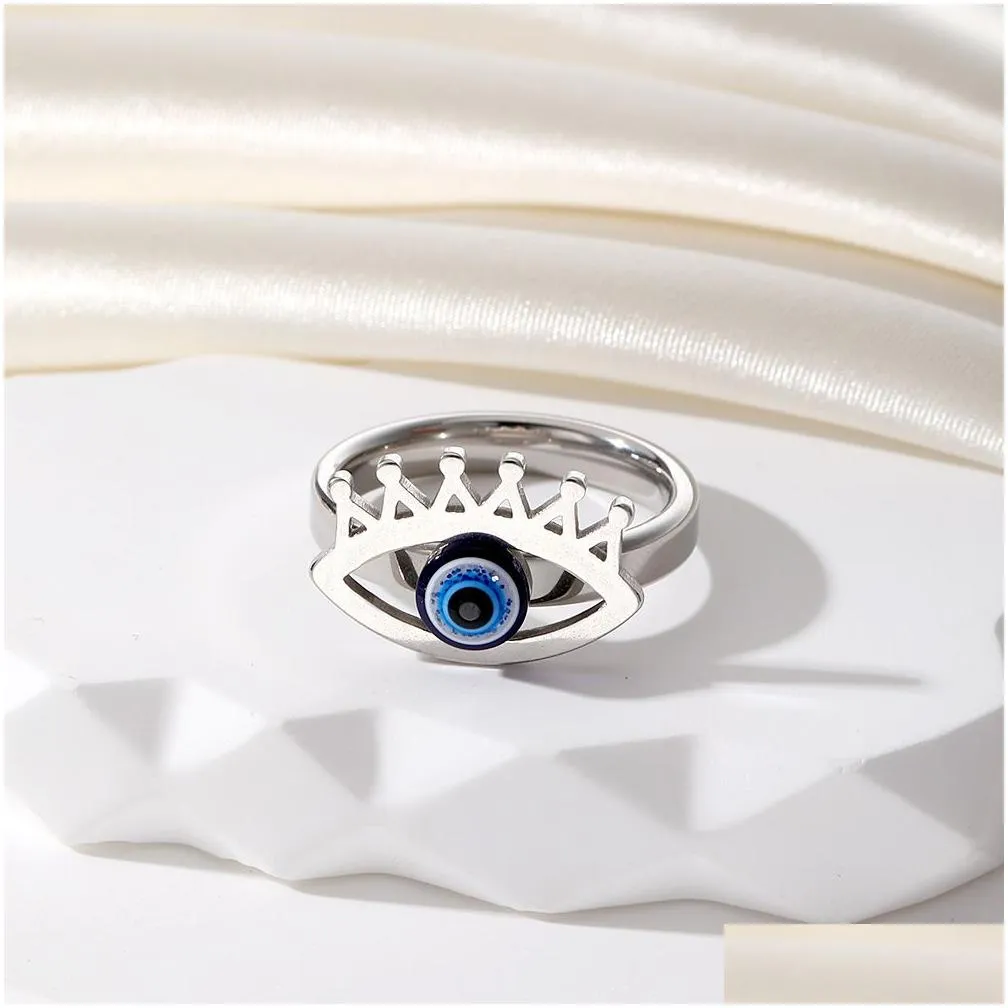 Cluster Rings Vintage Blue Evil Eye Finger Ring For Women Gift Jewelry Hollow Crown Turkish Lucky Adjustable Party Accessories Size 17 Dhvdi