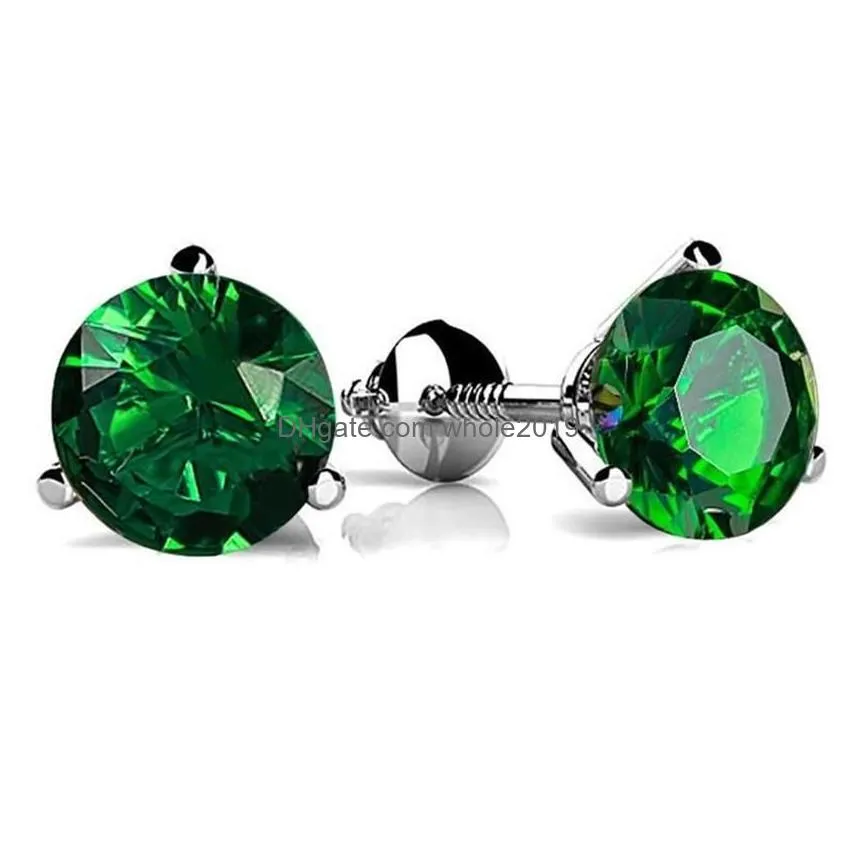 Stud Stud Classic Round Emerald Screw Back Earrings 925 Sterling Sier Green Crystal Zircon For Women Jewelry Wedding Gifts3021 Drop De Dhubj