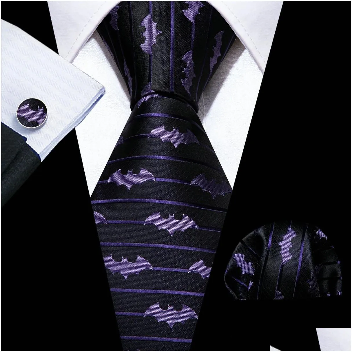 Neck Ties Neck Ties Barrywang Purple Silk Bat Tie For Men Novelty Animal Black Stripe Ncektie Pocket Square Cufflinks Set Wedding Part Dhacl